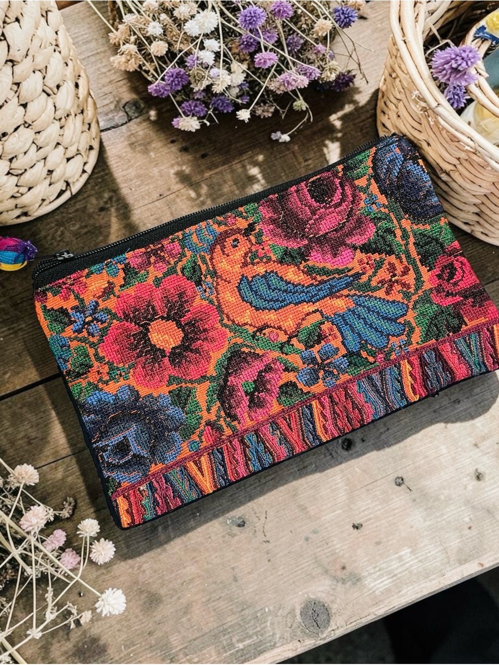 Handcrafted Multicolor Floral & Bird Zip Pouch
